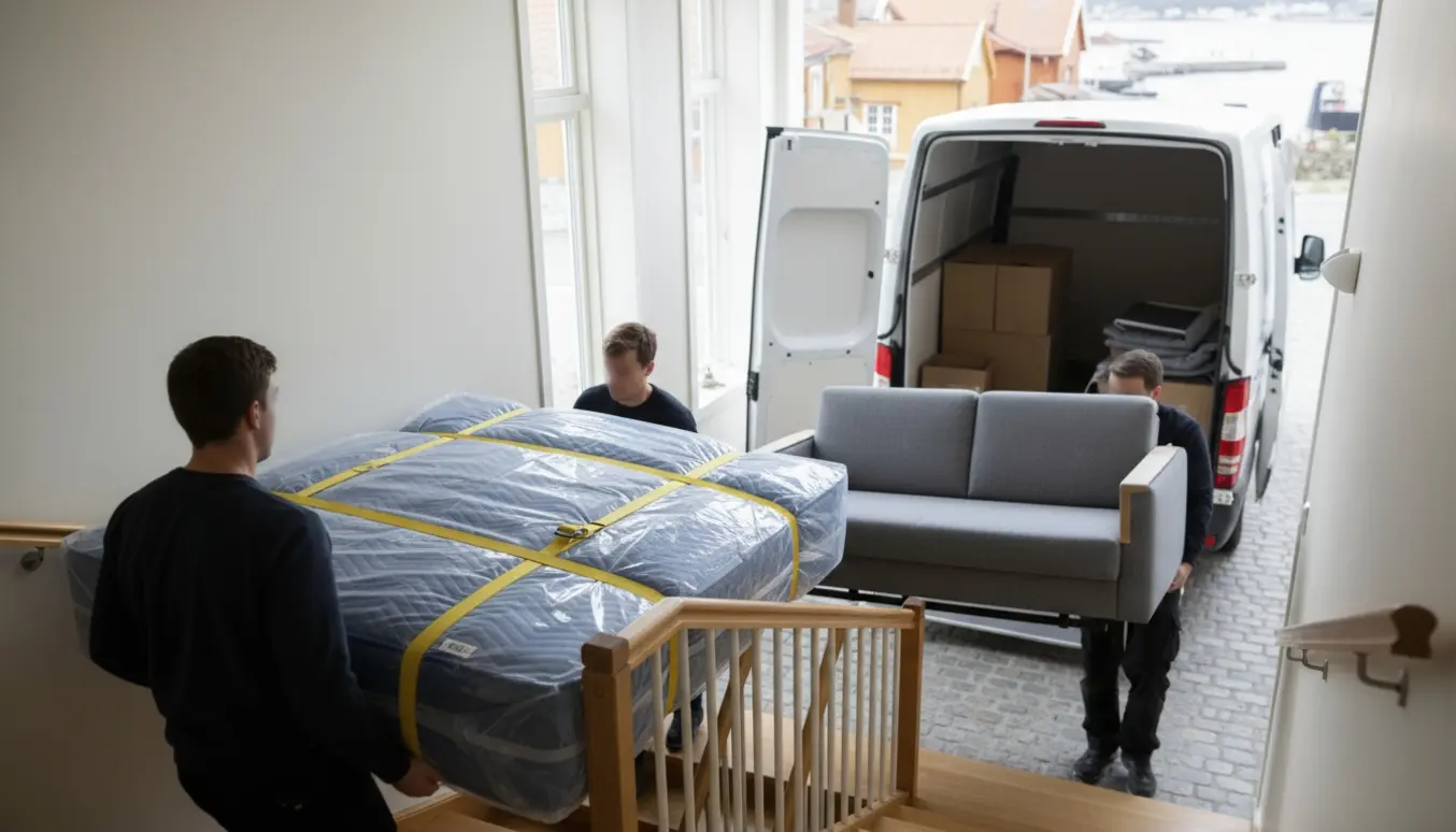Flyttemænd bærer en indpakket seng ned ad trappen mod en varevogn, mens en sovesofa bæres op til 2. sal.
