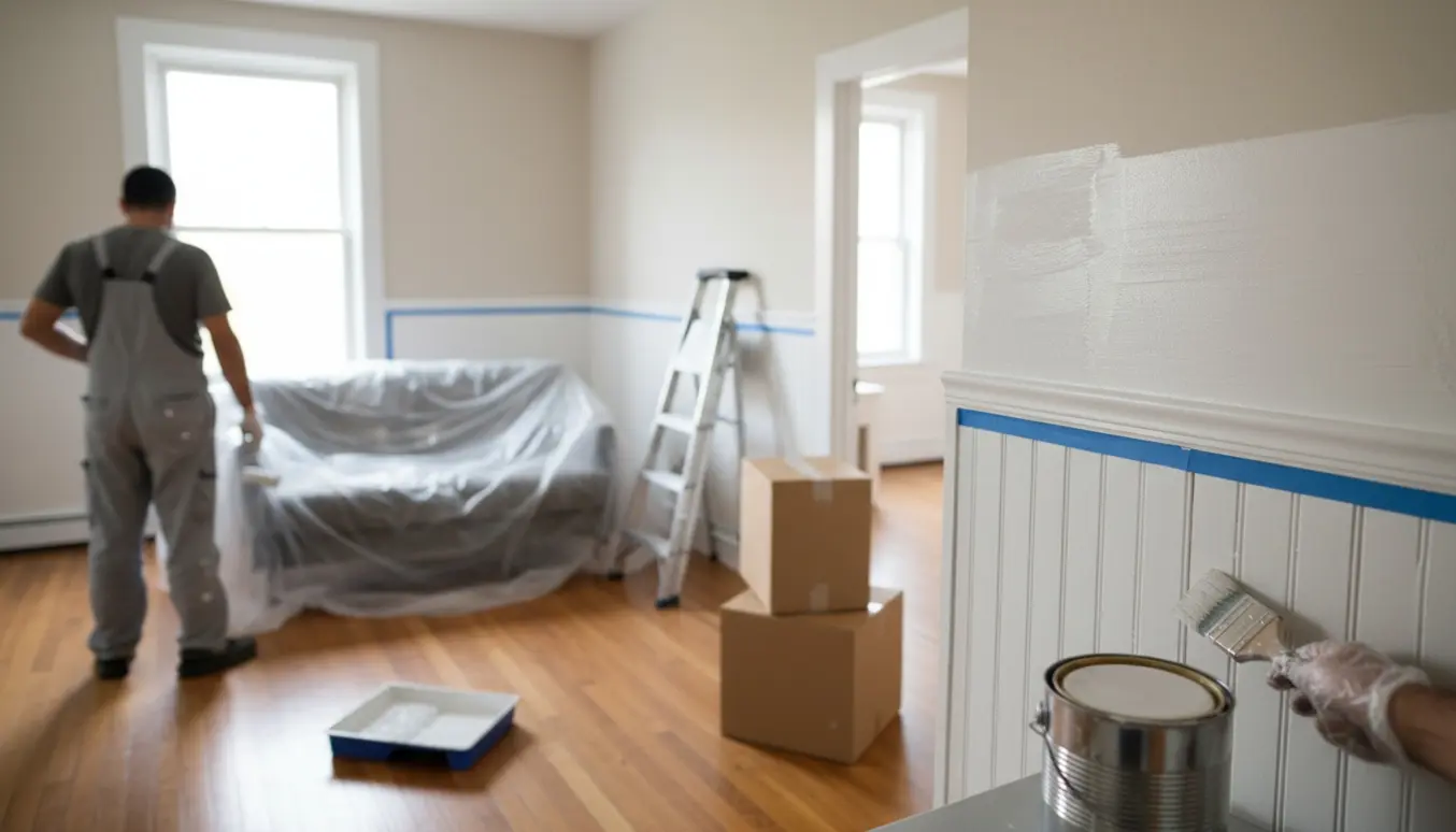 Maler maler vægge og paneler hvide i en tom toværelses lejlighed med møbler dækket til.