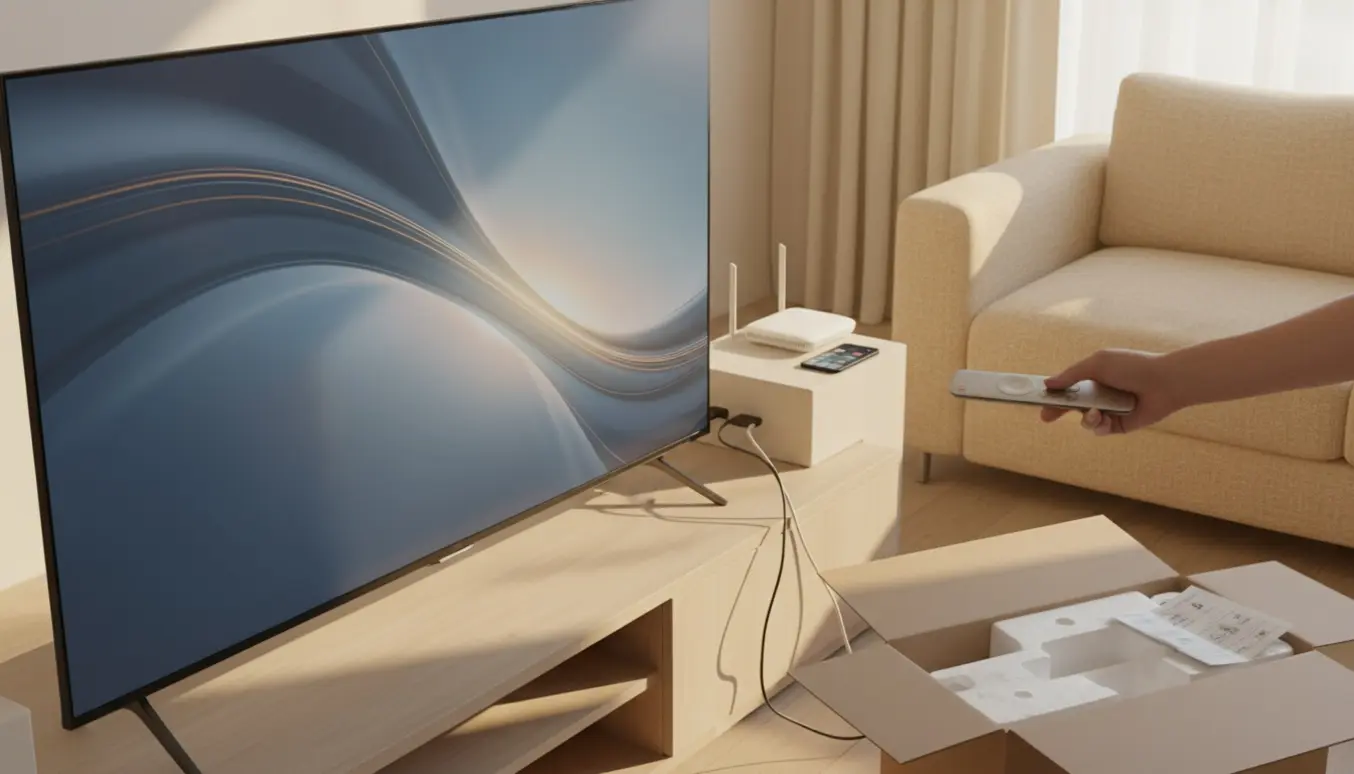 Hænder indstiller et nyt smart-tv med fjernbetjening og kabler i en lys stue.