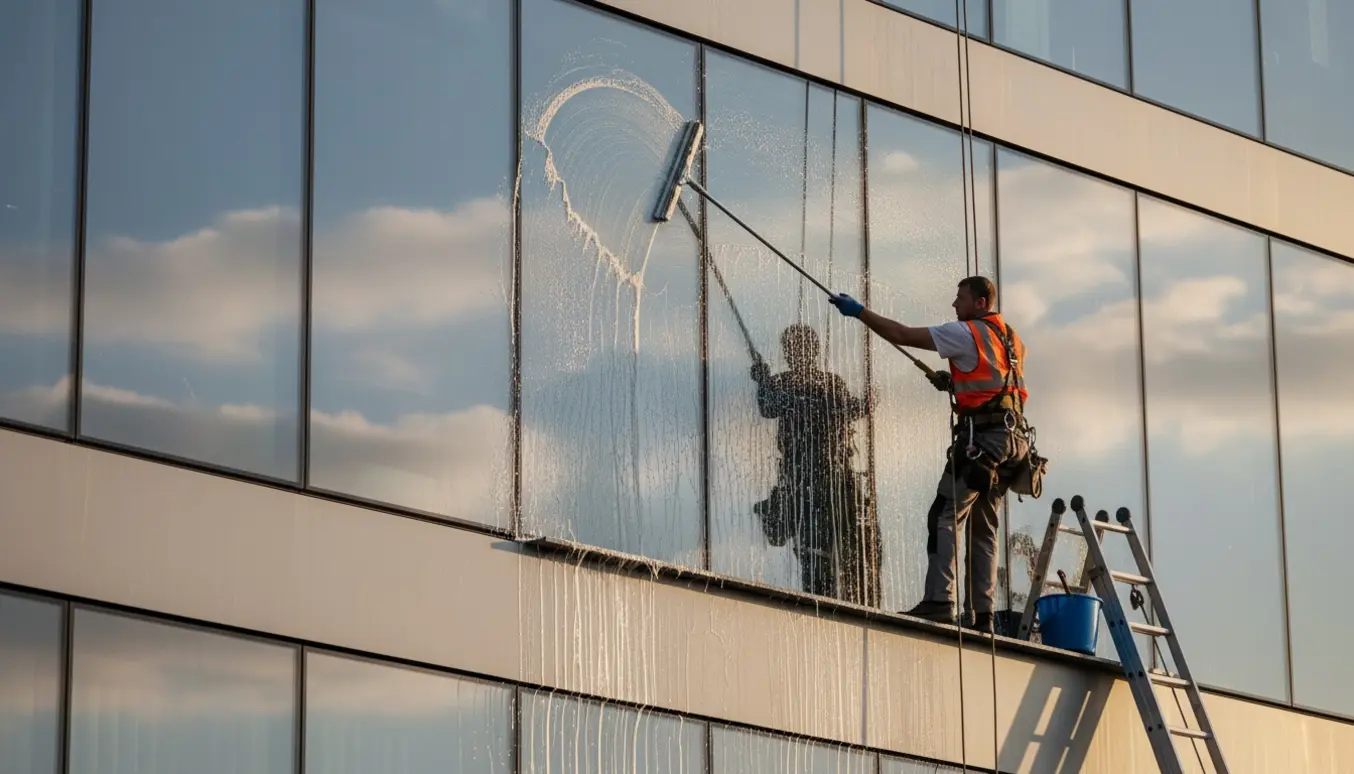 Vinduespudser renser udvendige ruder på en moderne facade med skuresvaber og spand.