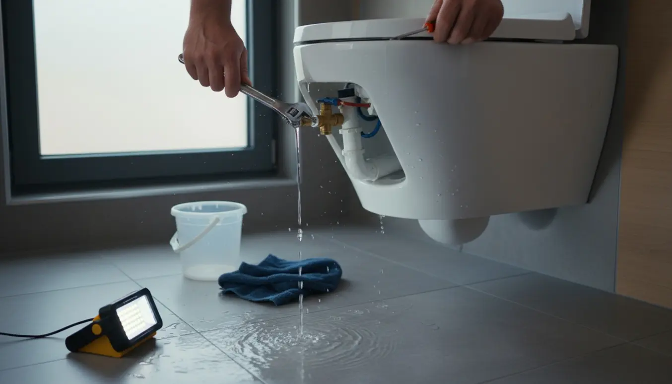 Væghængt toilet med åben indbygningscisterne og løbende vand, mens en hånd arbejder med værktøj.