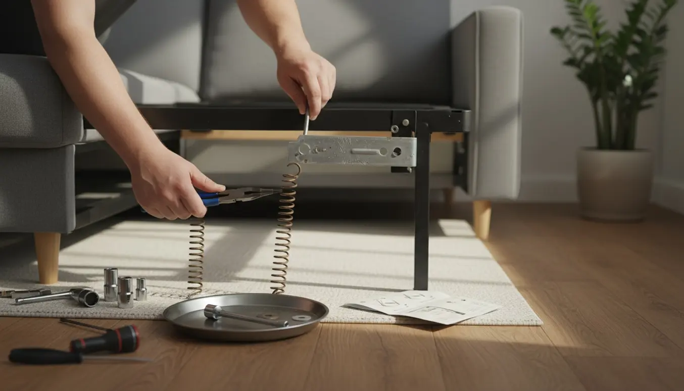 Hænder monterer fjeder og udskiftningsbolt på den beskadigede mekanik i en åben sovesofa i en lys stue.