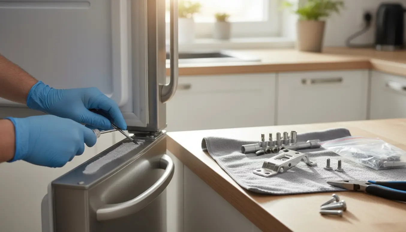 Hænder udskifter hængsler på frysedelen af et køleskab med nye beslag og værktøj på køkkenbordet.