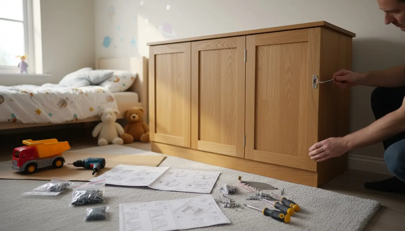 En person samler et stort egetræsskab med tre låger i et børneværelse, omgivet af værktøj og legetøj.