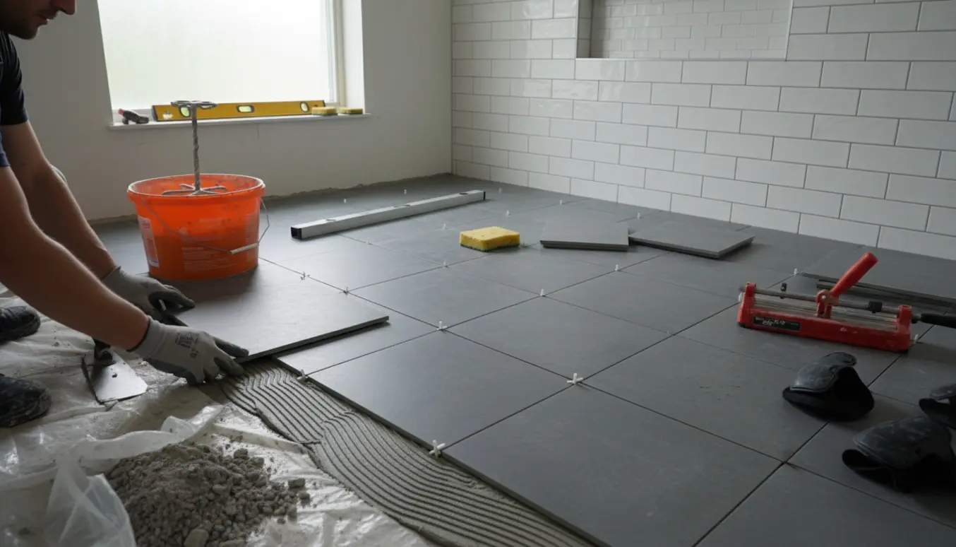 Hænder sætter klinker på gulvet i et badeværelse med delvist flisebelagt bruseniche.