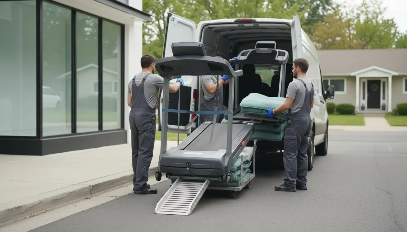 Tungt løbebånd adskilt i top og bund bliver forsigtigt lastet i en ubrandet varevogn foran et hus med niveaufri indgang.