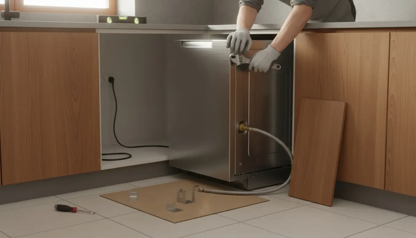 Opvaskemaskine monteres i et køkken med fjernet underskab og værktøj klar.