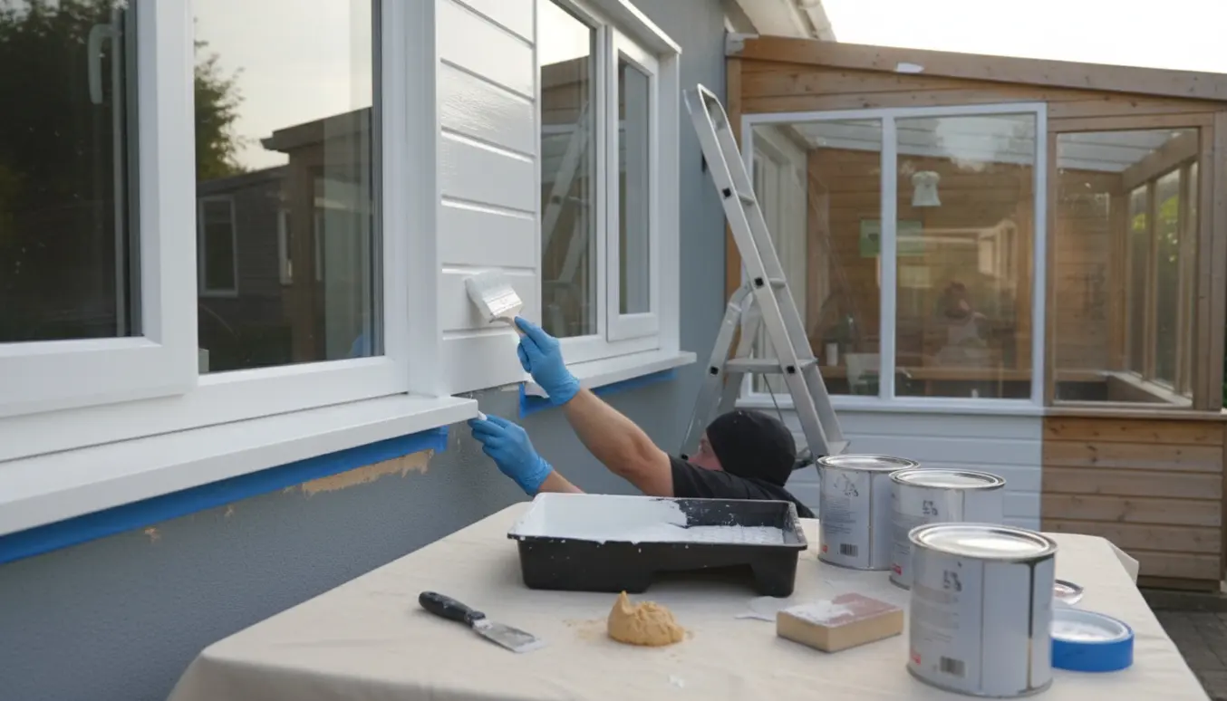 Udendørs hånd maler husets træværk med pensel, malerbøtter, stige og afdækningsplast omkring.