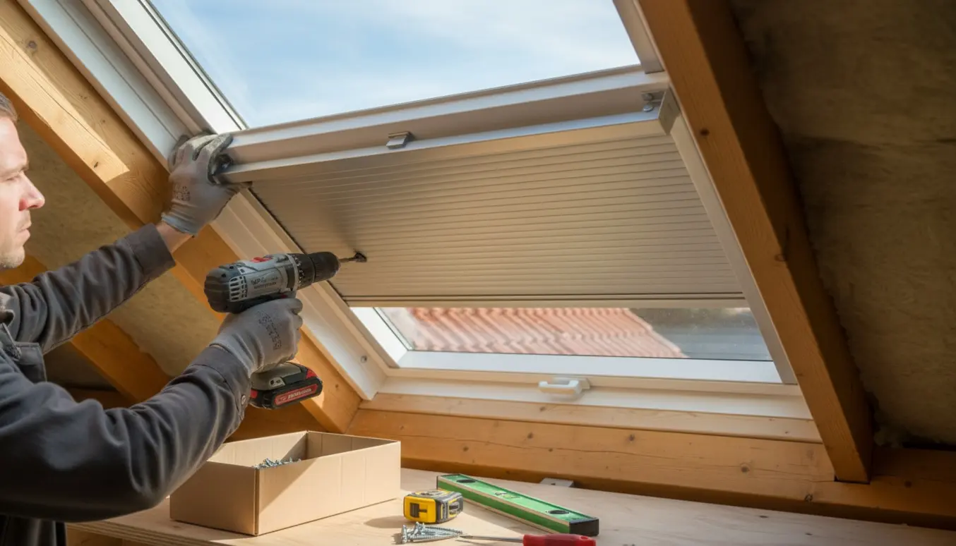 Hænder monterer en skodde på et tagvindue i et lyst loftrum med værktøj og monteringsbeslag.