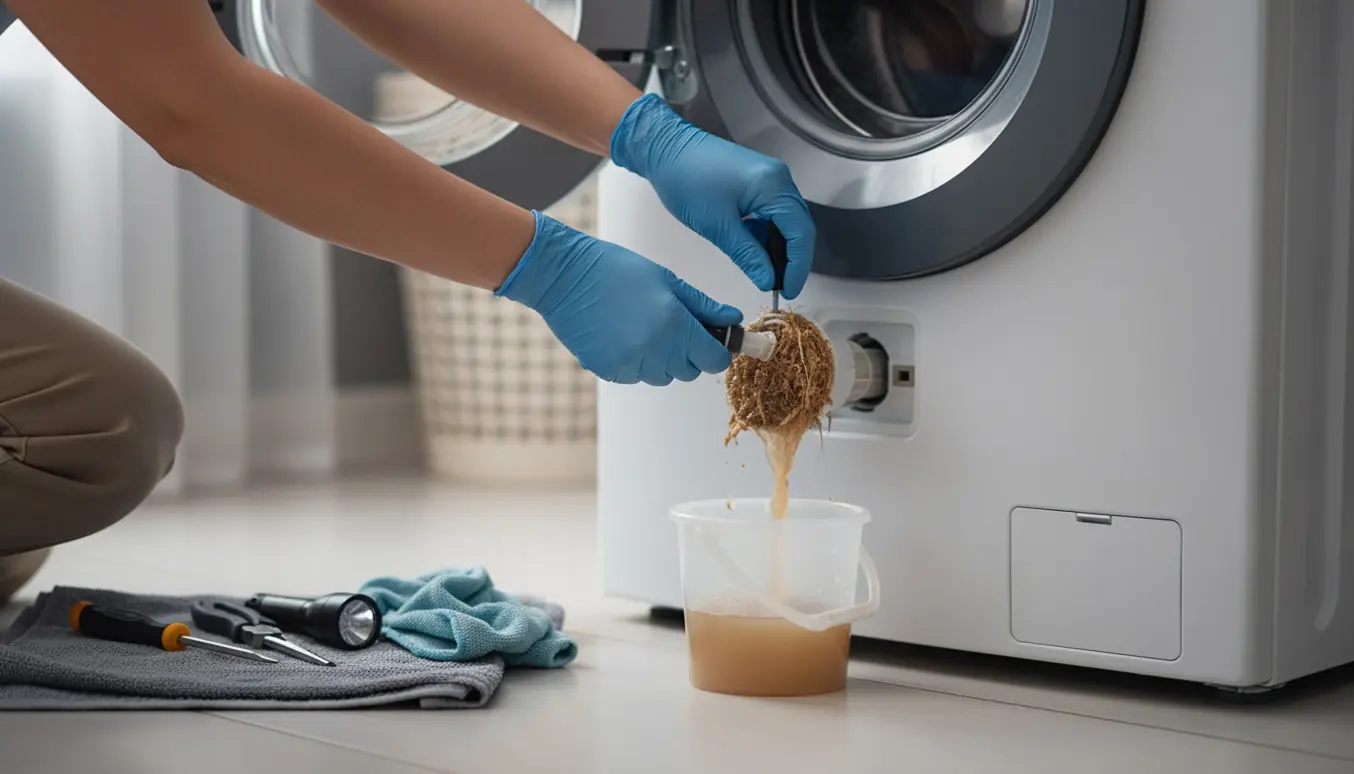 Hænder i gummihandsker fjerner en tilstoppet afløbspumpe i en vaskemaskine med spand og værktøj ved siden af.