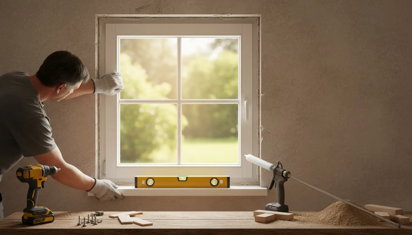 Nyt kvadratisk vindue sættes i en væg med hænder og værktøj i fokus.