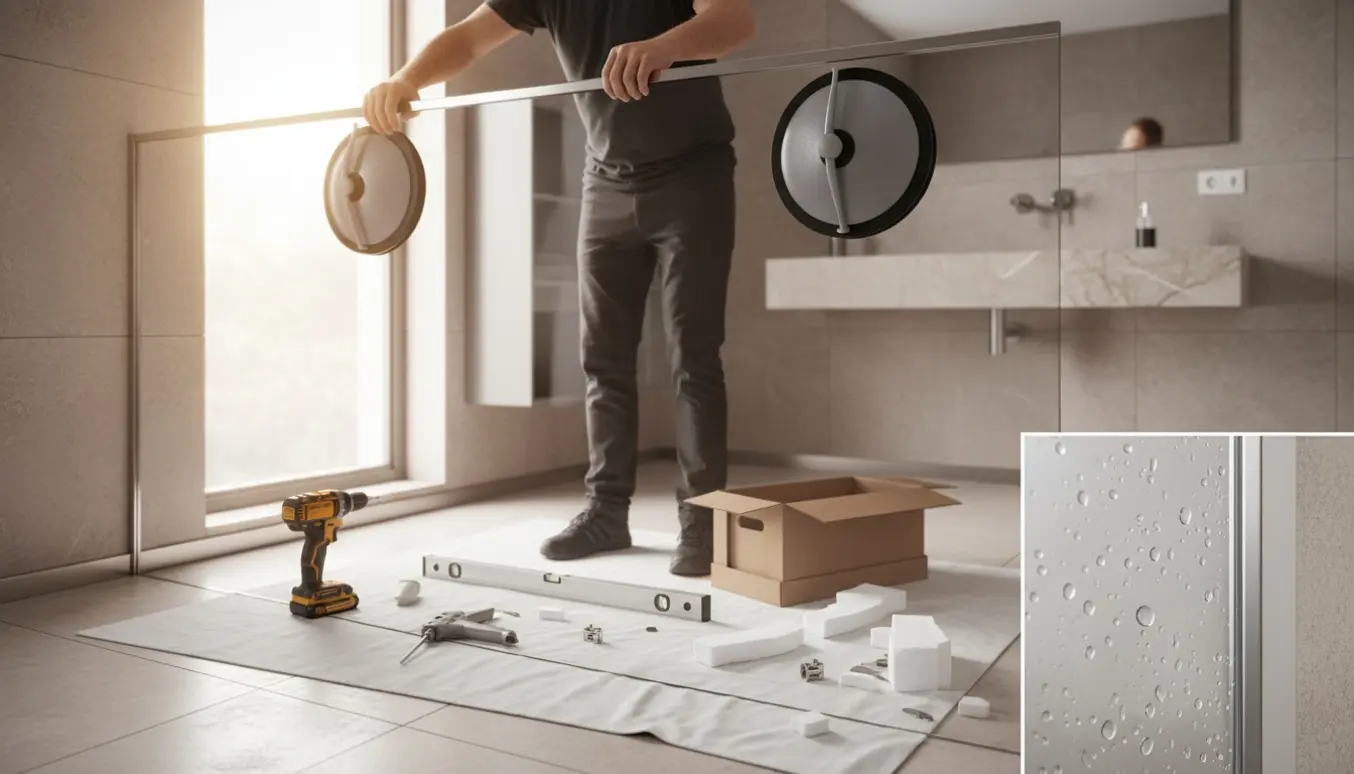 Gulv-til-loft glasvæg monteres i et moderne badeværelse med børstede kromprofiler og værktøj omkring.