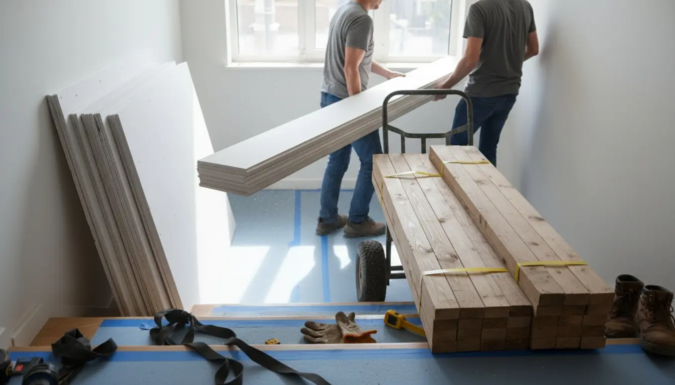 Gipsplader, MDF-plader og bundter af 45x45-reglar i en trappeopgang klar til at blive båret op ved lejlighedsrenovering.