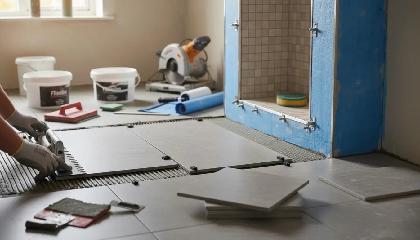 Badeværelse under renovering med 30x60 fliser, mosaik i bruseniche, vådrumsmembran og værktøj.