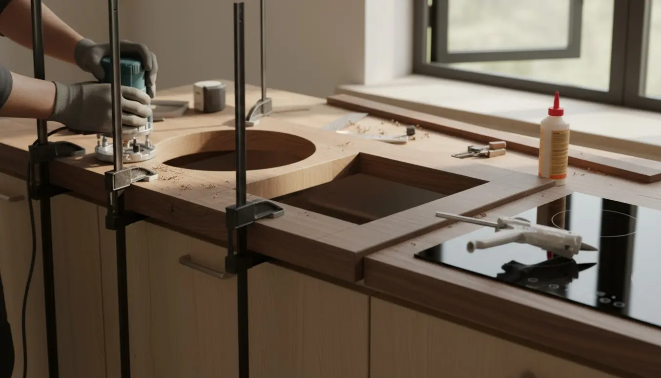 Træbordplader tilpasses med udskæring til underlimet vask og induktion i et lyst køkken.