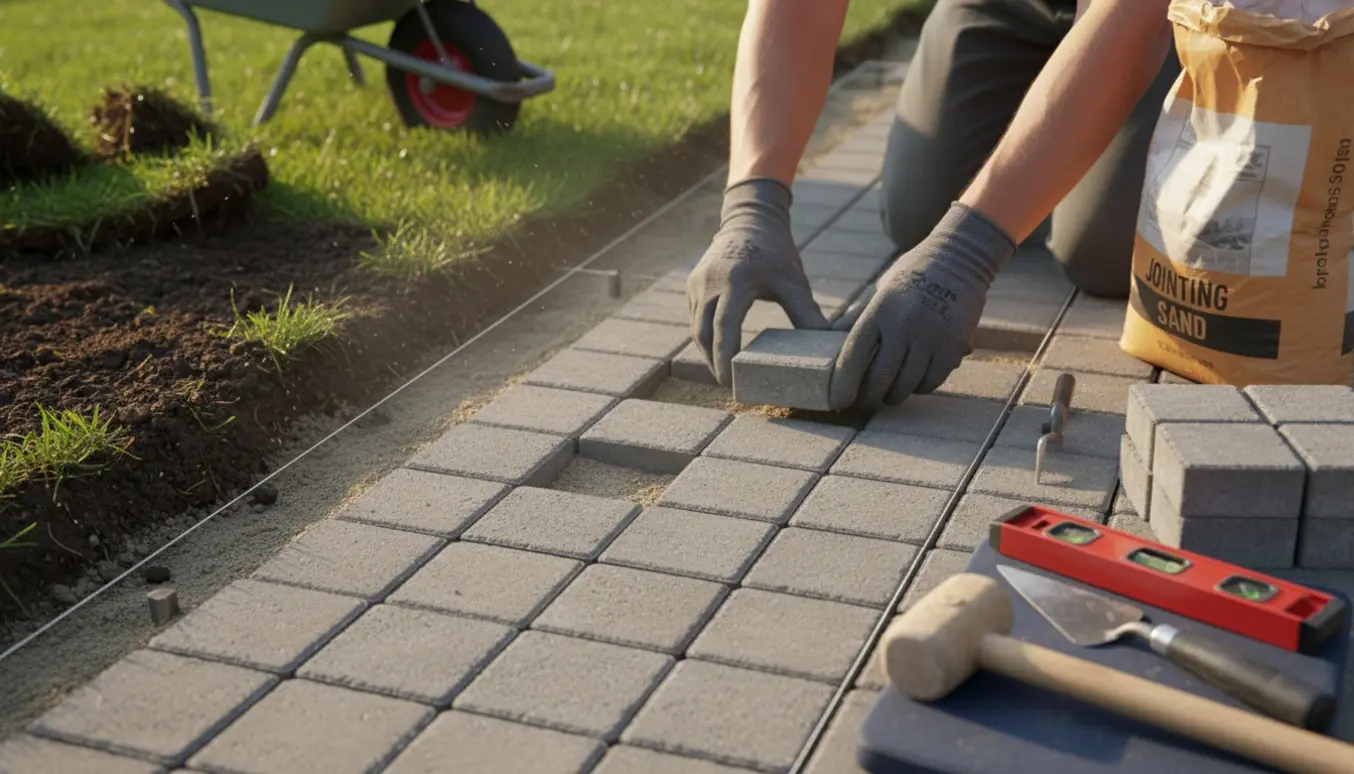 Nærbillede af handsker, der lægger små kvadratiske fliser (ca. 10×10 cm) ved en baghave med fjernet græs og værktøj omkring.