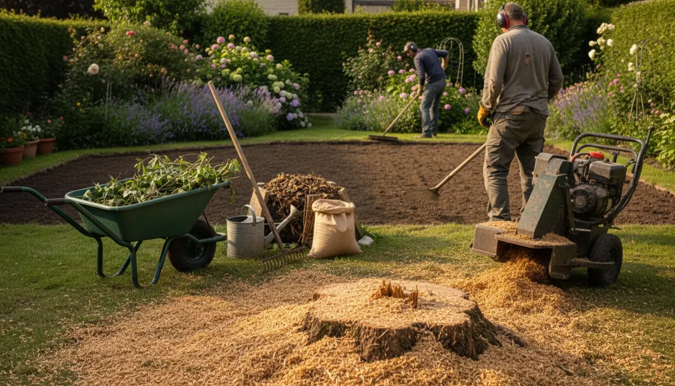 Fræset træstub omgivet af flis, trillebør, rive og kompost klar til græssåning.