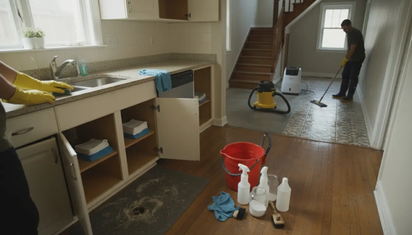 Gule handsker skrubber en køkkenbordplade med moppe, spand og rengøringsudstyr i baggrunden.