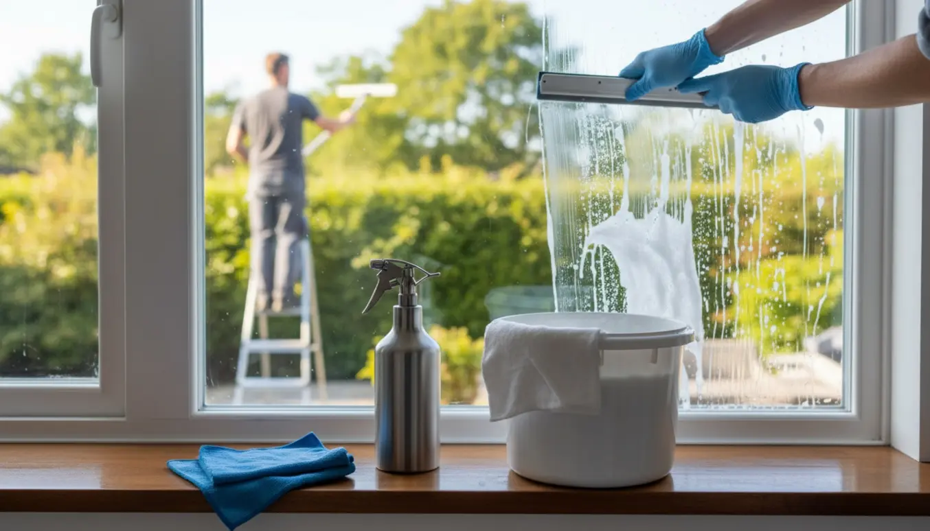 Hænder pudser et vindue indefra med svaber, spand og microfiberklud, mens en person udenfor pudser ydersiden.