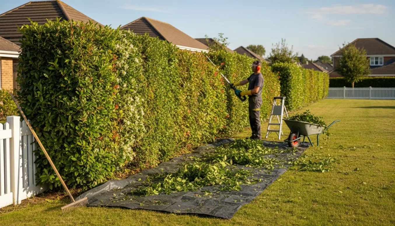 En person beskærer en lang blandet hæk med elektrisk hækkeklipper, friske afklip samlet på en presenning.