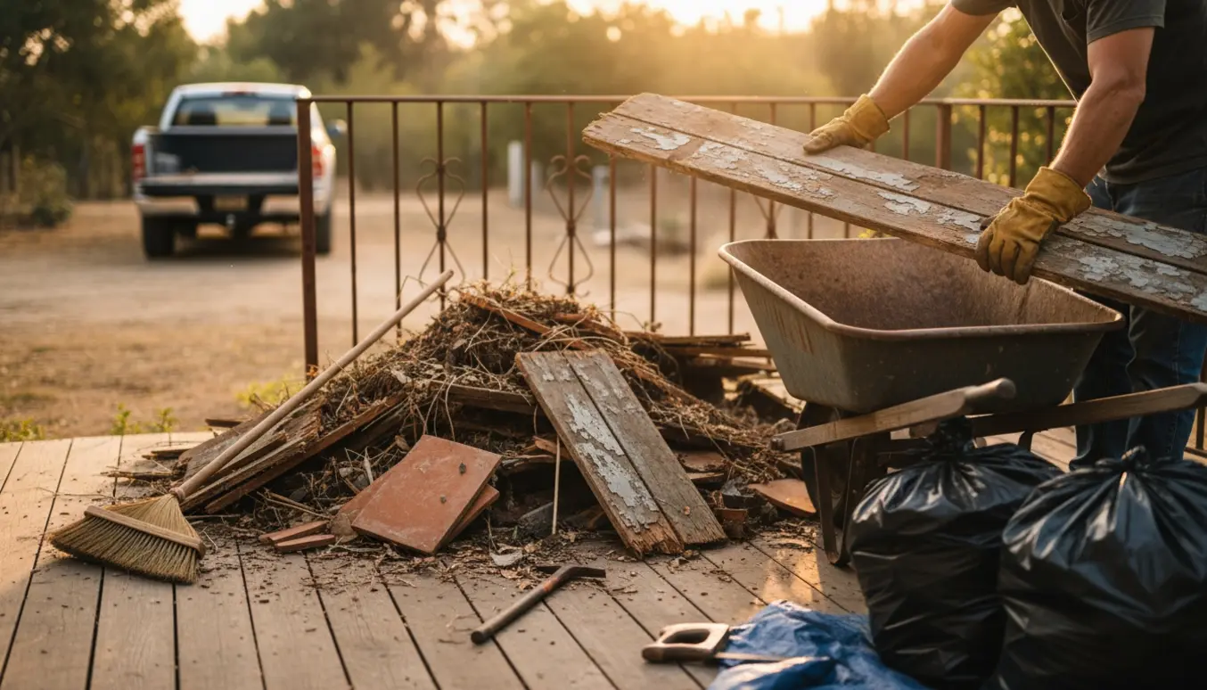 En person fjerner en bunke med gamle terrassebrædder og affald fra en træterrasse med trillebør og handsker.