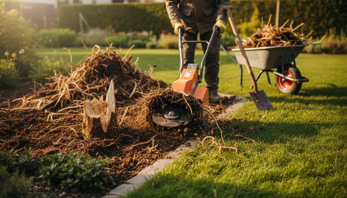 Fjernelse af buskrødder med rodfræser og håndværktøj i et ryddet bed.
