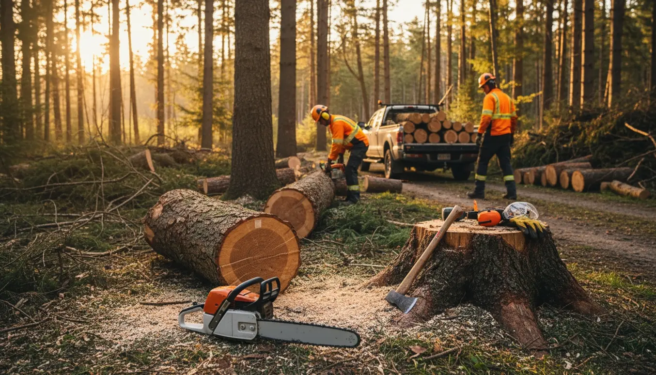 Fjernelse af fem væltede træer med motorsav, stabler af brædder og trailer ved skovkanten.