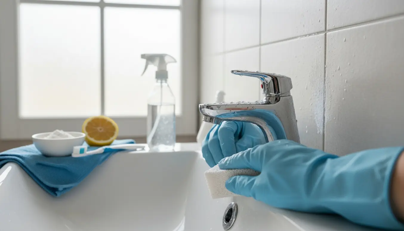 Nærbillede af hænder i gummihandsker, der fjerner kalk fra en kromarmatur i et lyst badeværelse.