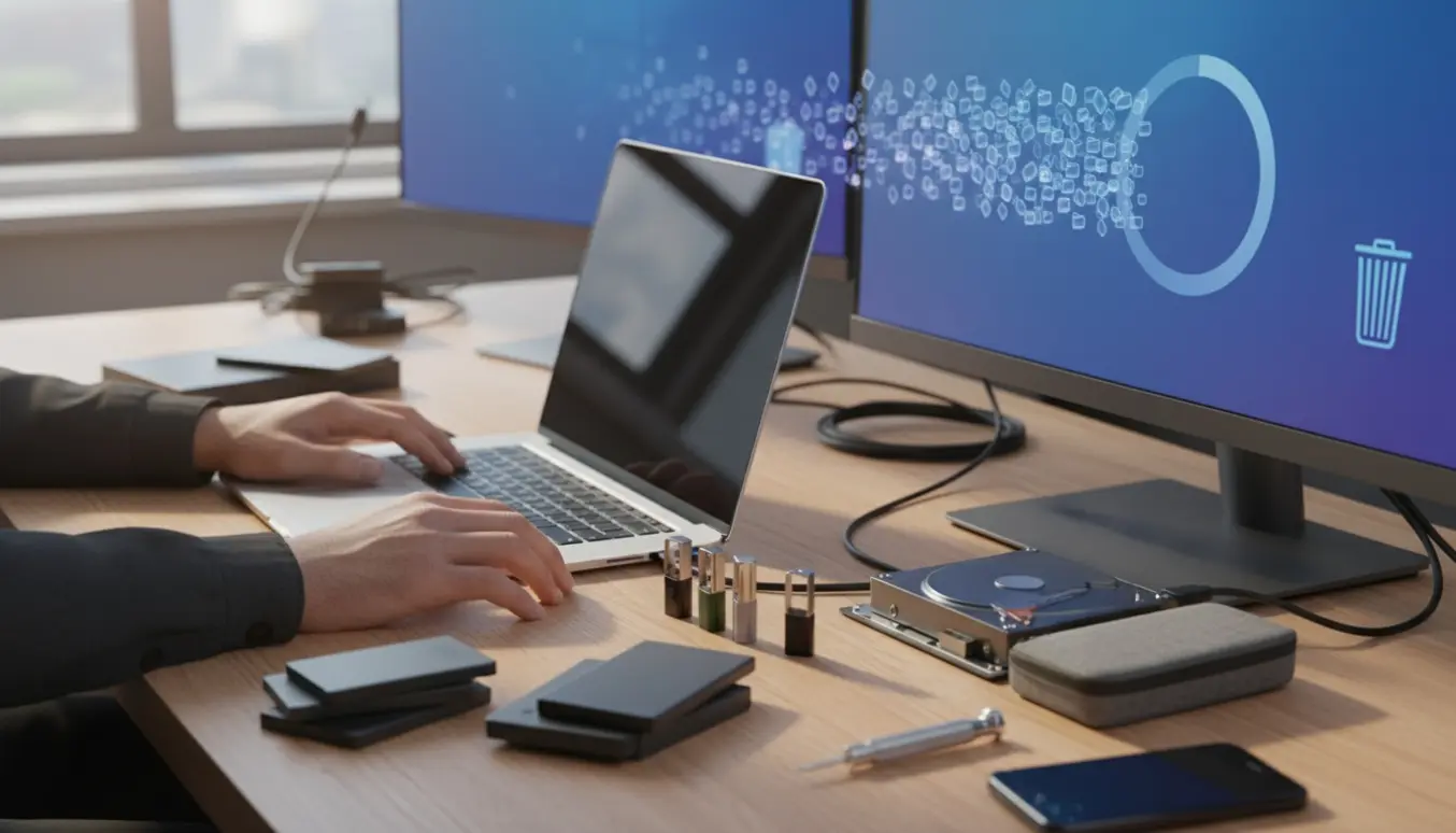 Nærbillede af en bærbar og skærm, hvor hænder tilslutter et USB-drev under oprydning af filer og opdatering på en Windows 10-pc.