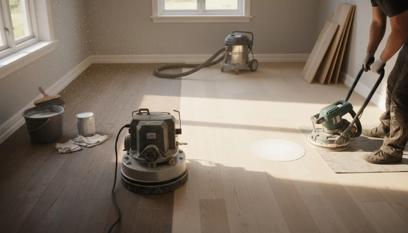 Lyssfyldt rum med gulvsliber på delvist slebet trægulv og beholdere med lud og hvid olie.