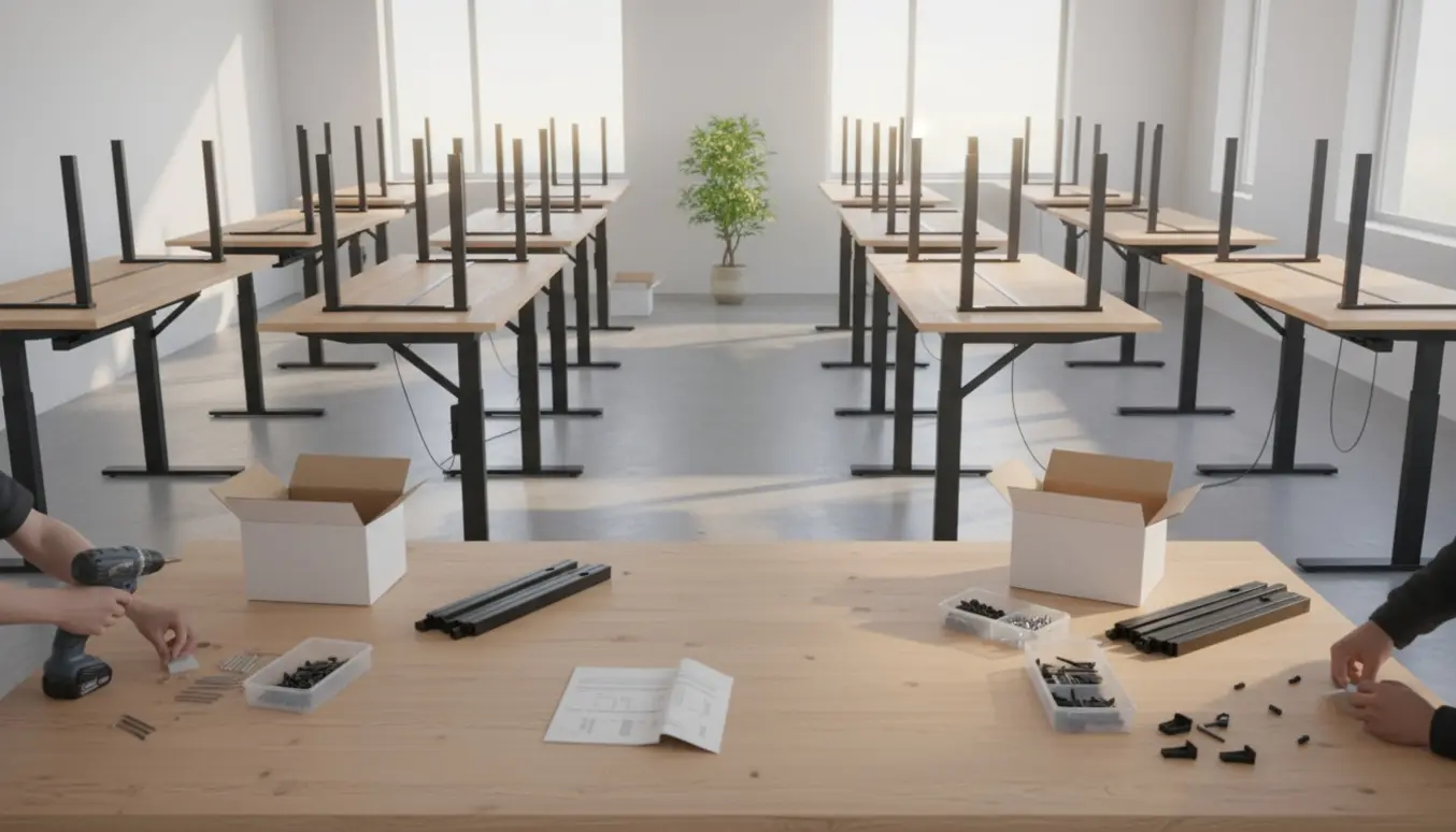 Montage af 16 hæve/sænkeborde i et lyst kontorlokale med værktøj og dele på et arbejdsbord.