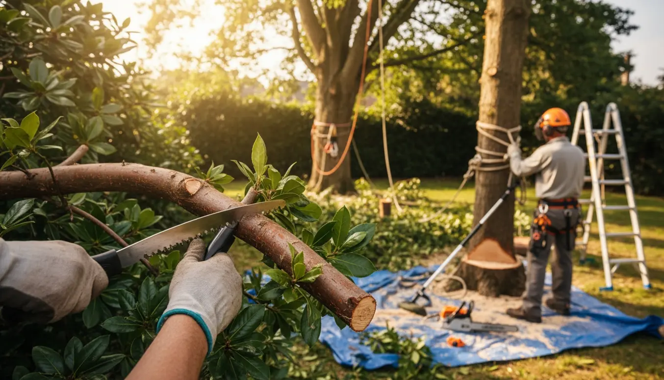 Nærbillede af beskæring og fældning af træer med save, reb og friskt savsmuld i en have.
