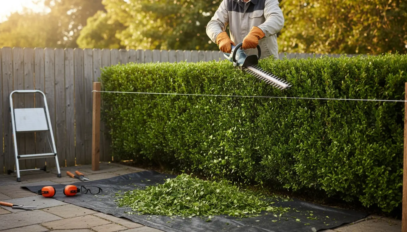 Person trimmer hæk med elektrisk hækkeklipper, frisk afklip samlet på en presenning.