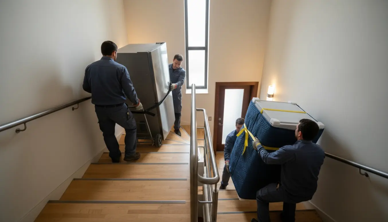 To personer bærer køleskabe op og ned ad en enkelt indendørs trappe med remme og flyttetæpper.