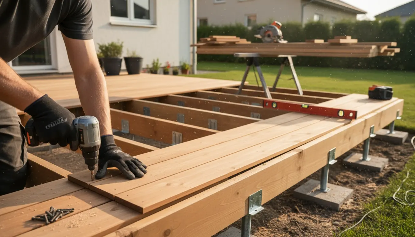 Halvfærdig træterrasse i baghaven med træplanker og værktøj, hvor hænder skruer et bræt fast.