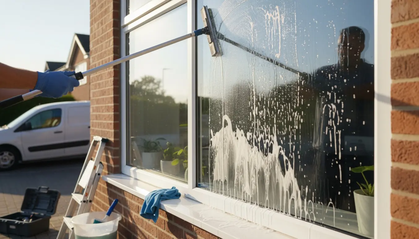 Vinduespudser rengør en boligrude med svaber og spand, varevogn i baggrunden.