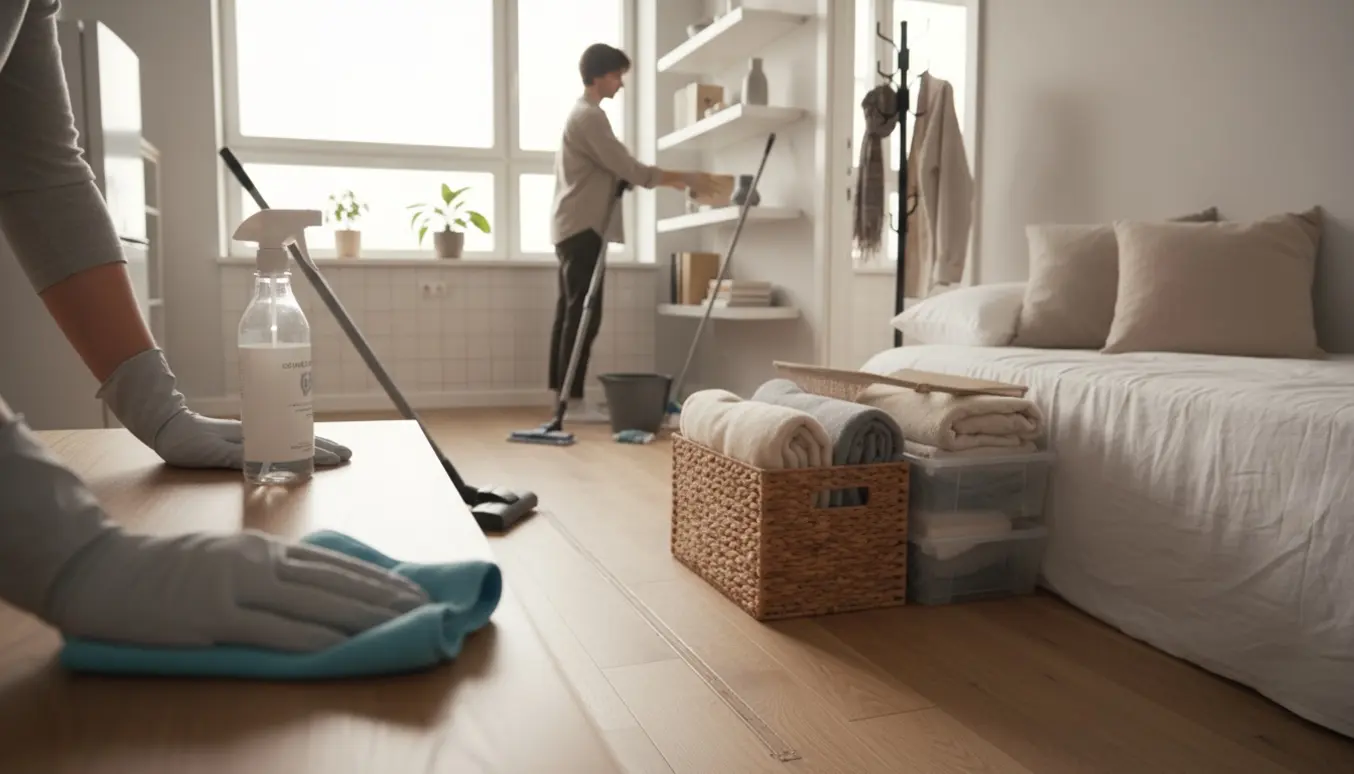 Lejlighed under grundig rengøring med støvsuger, moppe og hænder der tørrer af i varmt dagslys.