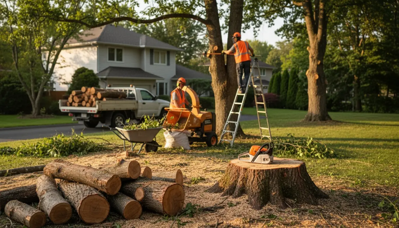 Havearbejdere fælder og beskærer træer i en villahave med træstak og flishugger klar til bortkørsel.