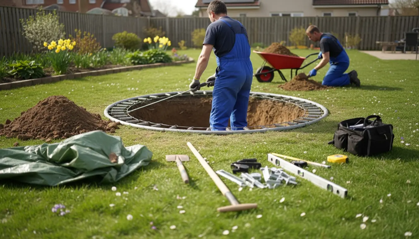 Nedgravet trampolin under opsætning i forhaven med skovl, trillebør og bunker af jord.