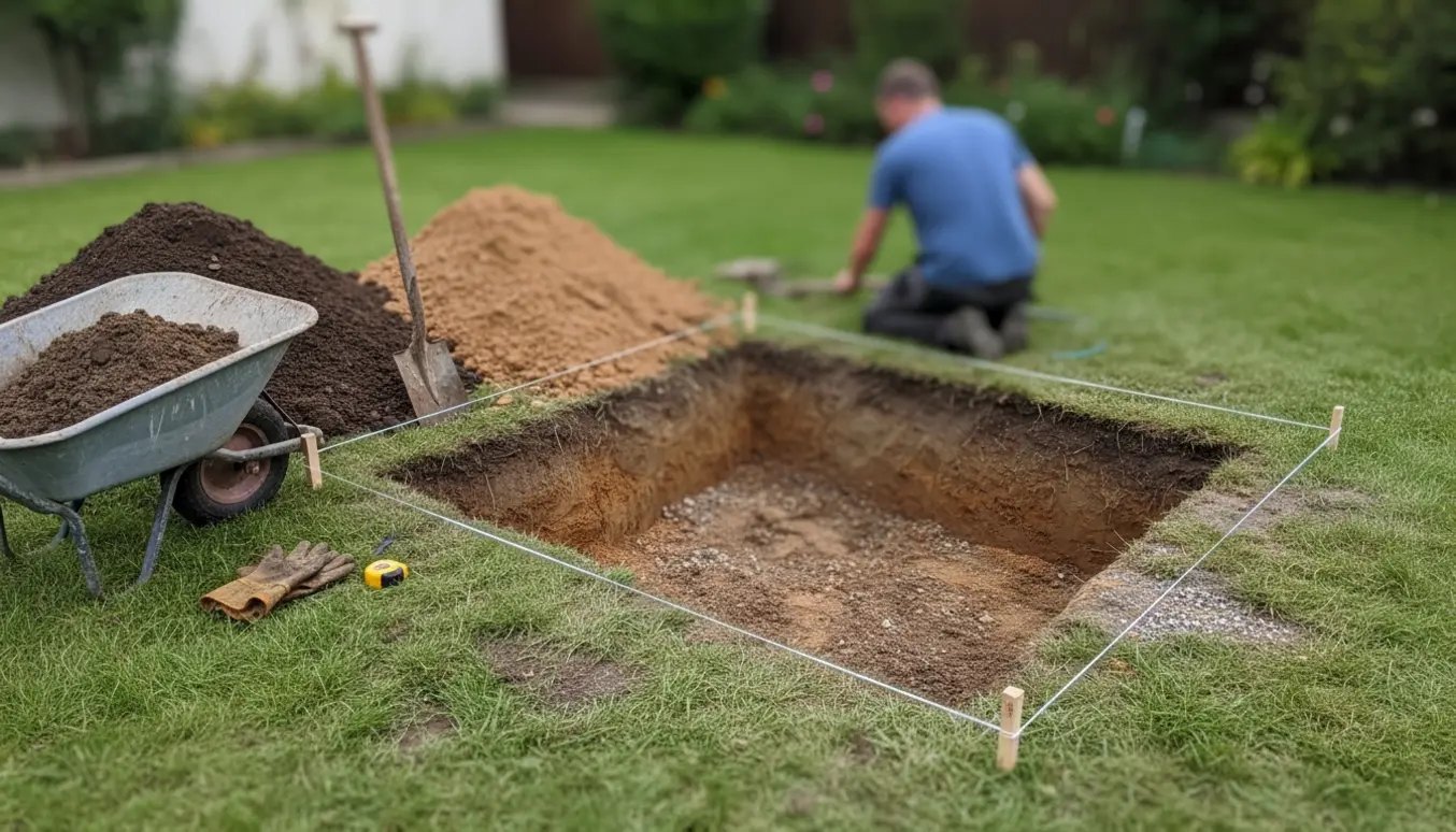 Udgravet firkantet jordområde med stablede jordbunker, skovl og trillebør, ingen ansigter synlige.