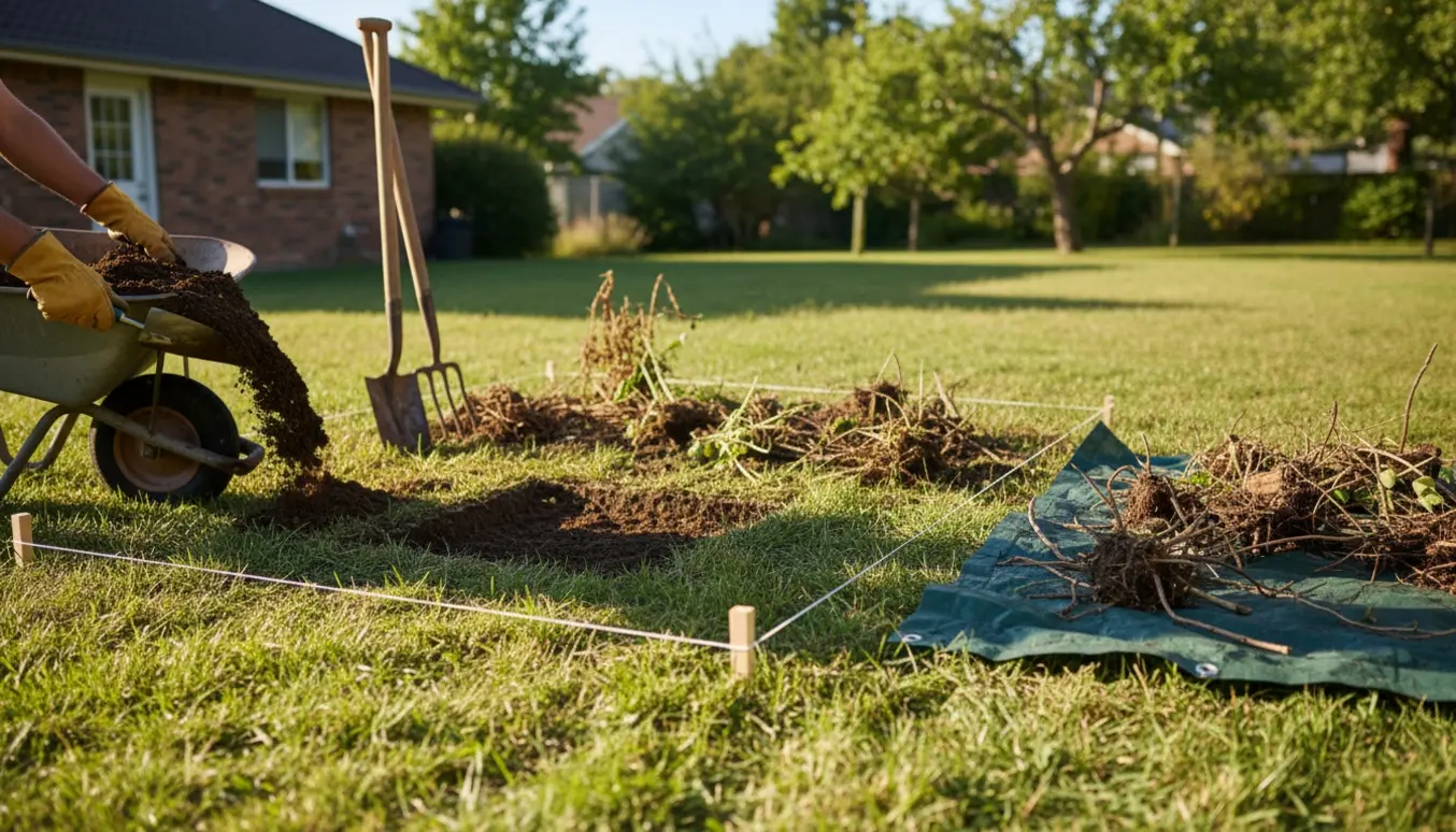 Markeret 3x3 m græsareal hvor gamle stauder er ryddet, og et lille hul fyldes med frisk jord.