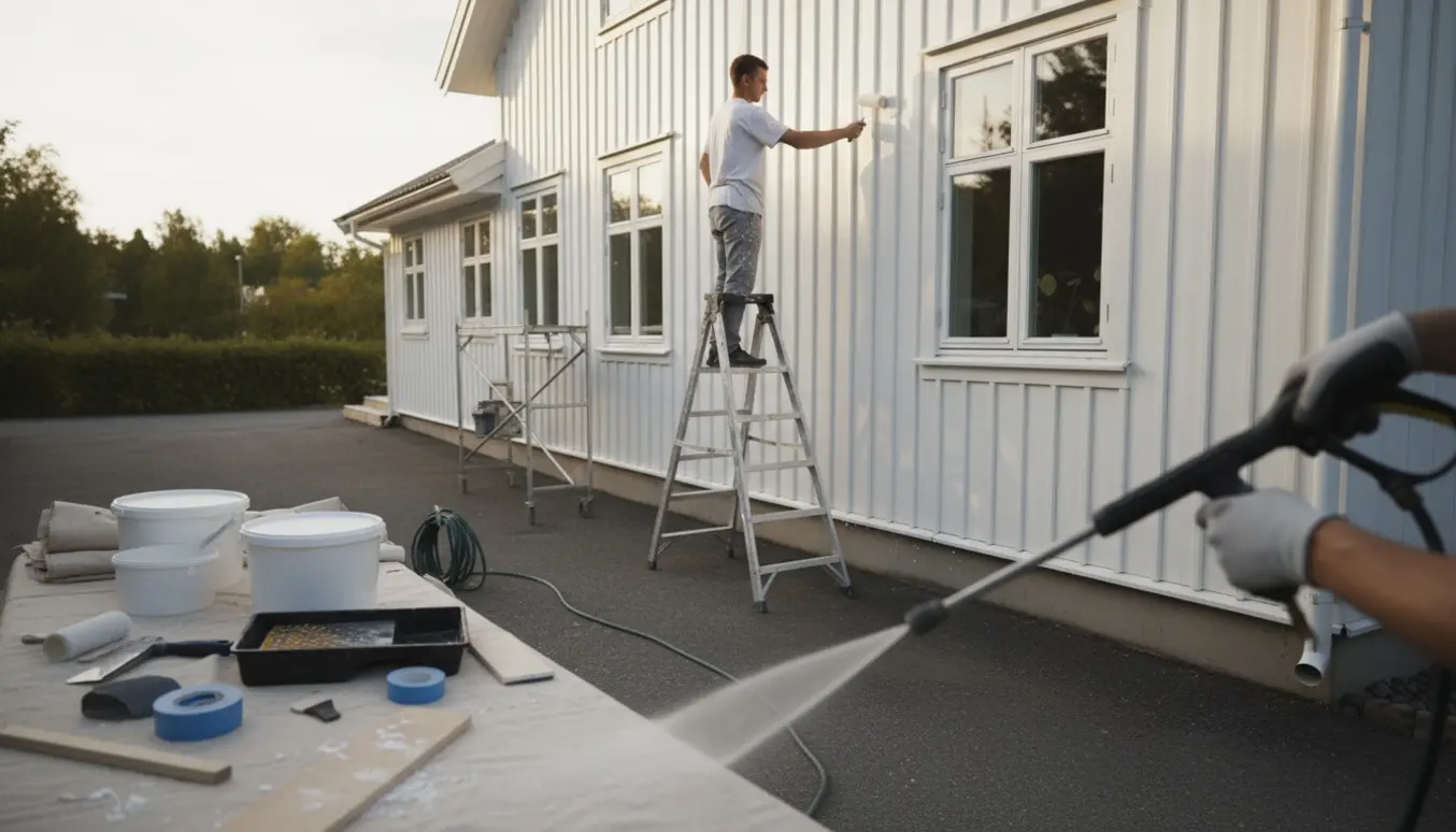 Maler på stige maler og forbereder et hvidt træhus med spande, ruller og rengøringsudstyr.