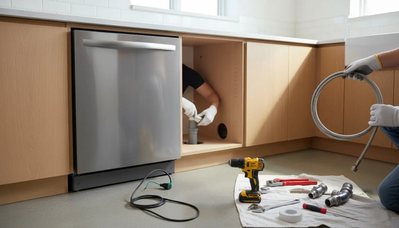 Nærbillede af opvaskemaskineinstallation i et køkken med afmonteret skab, synlige vand- og afløbsrør og værktøj.