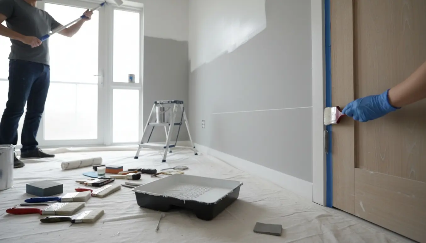En maler uden synligt ansigt ruller maling på loftet og maler præcise kanter omkring en dør i et lyst, nyrenoveret rum.