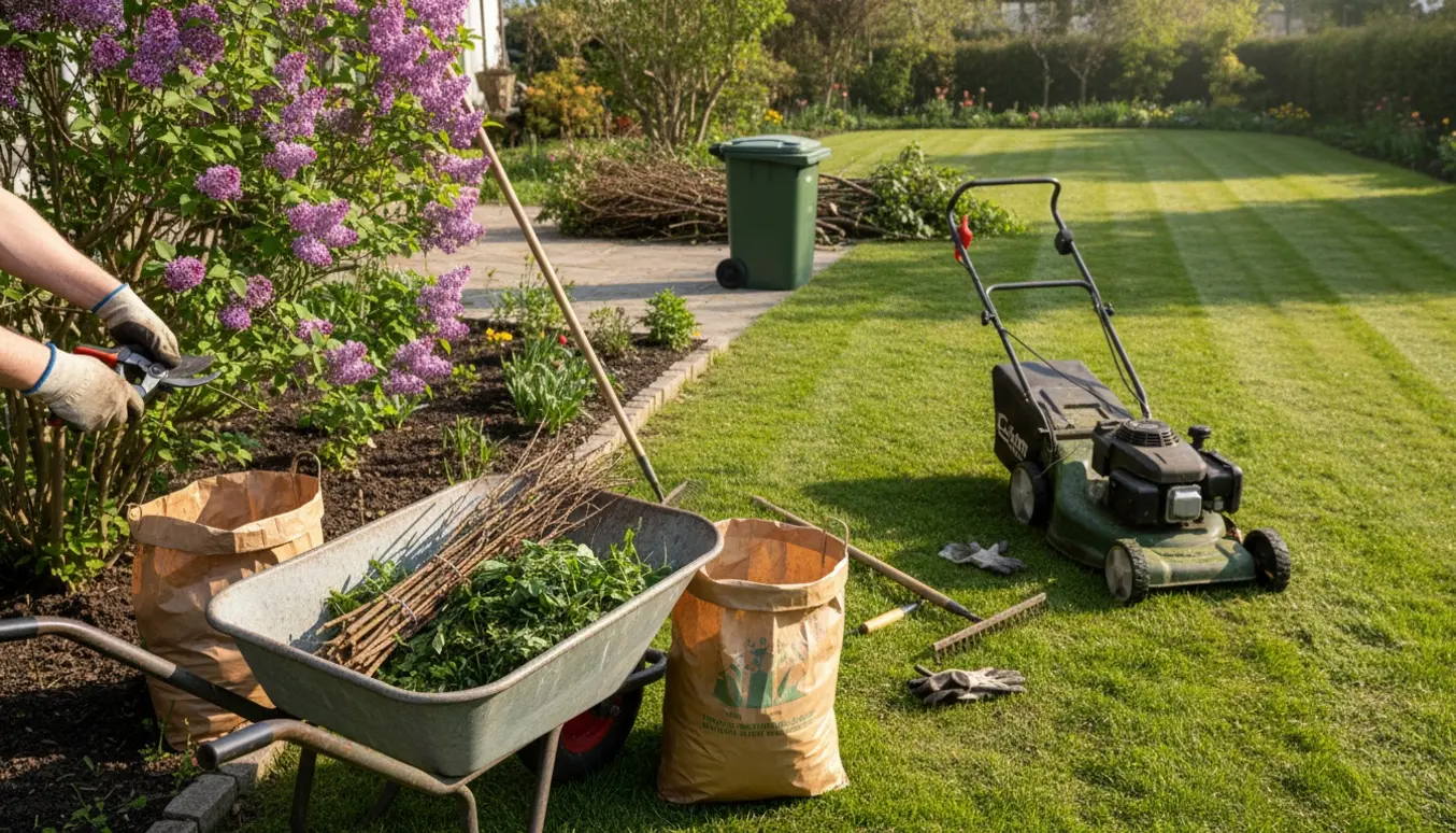Forårshave med trillebør fuld af beskårne grene, nyslået plæne og hænder, der beskærer en busk.