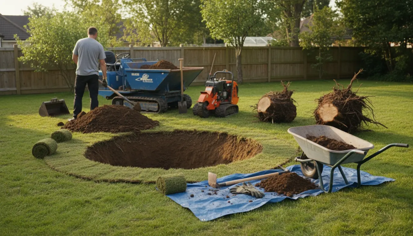 Udgravet cirkel til trampolin med store jordbunker, to nyfjernede træstubbe og værktøj i haven.