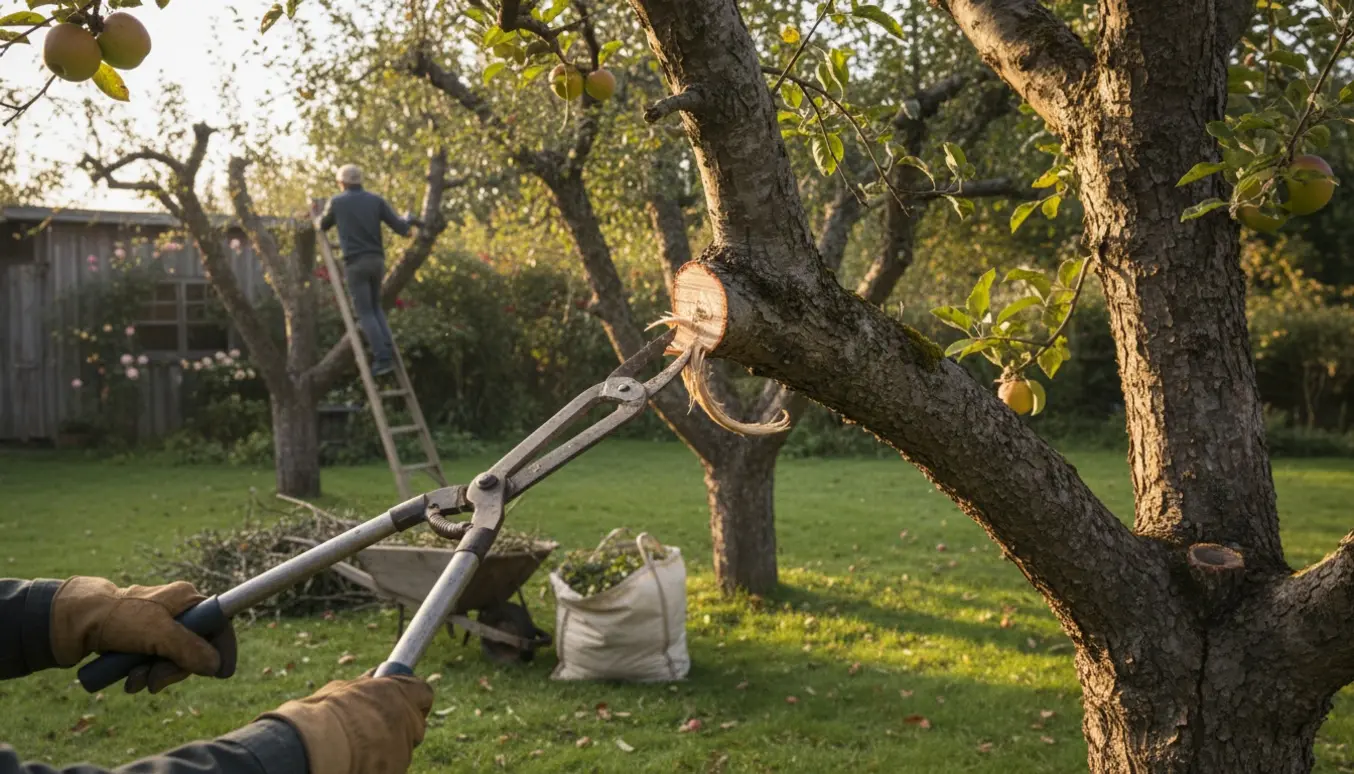 En person beskærer et gammelt æbletræ med sakse og sav i en solbelyst have, tæt ved en vogn med afskårne grene.