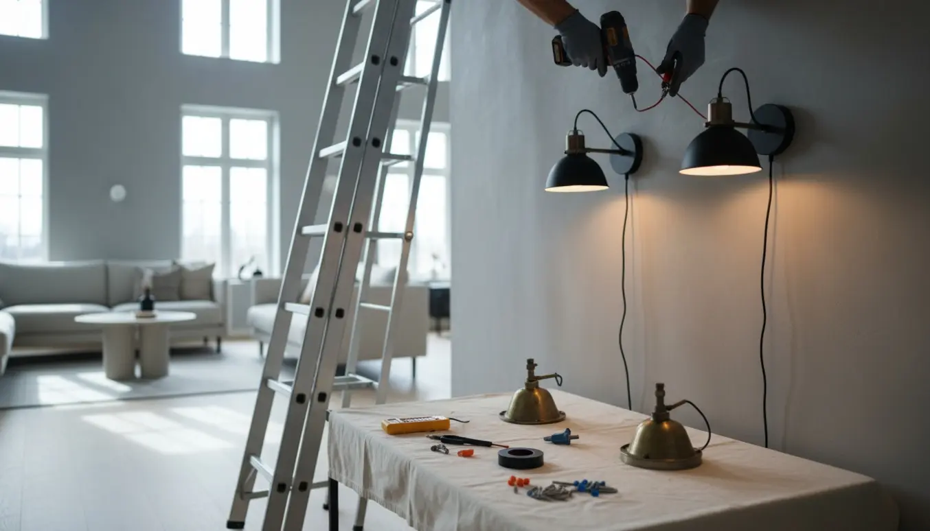 Håndværker på stige monterer nye væglamper i et højloftet rum med værktøj og gamle armaturer på et beskyttelsesdække.