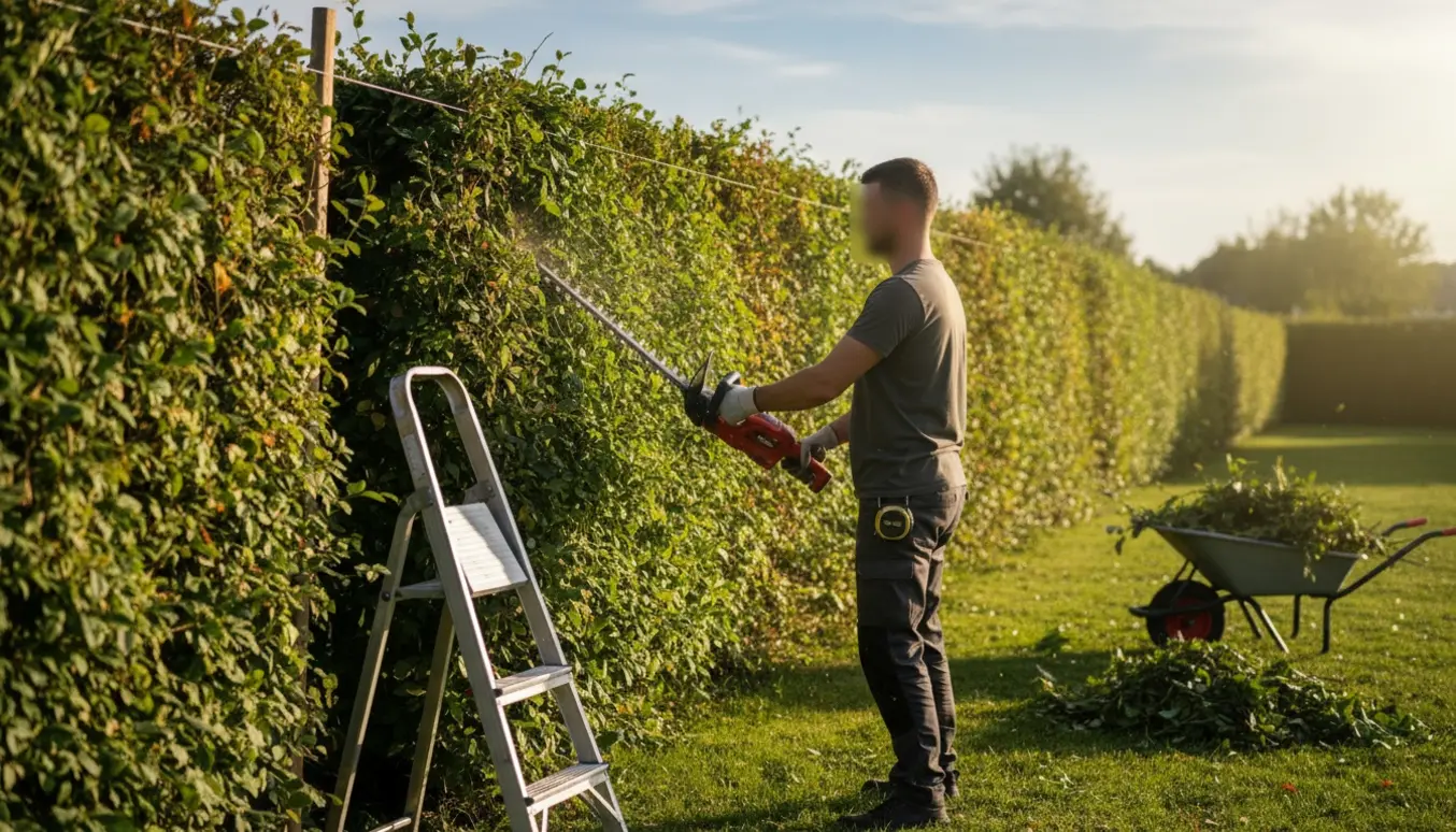 Lang hæk i skel klippes ned til ca. 2 meters højde med hækkeklipper, stige og afskårne grene samlet ved siden af.