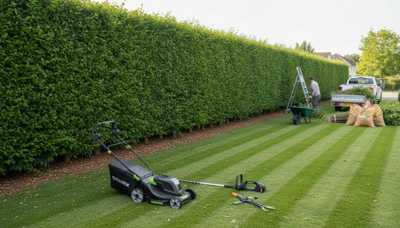 Nyklippet høj bøgehæk på cirka 3,5 m langs en nyslået græsplæne med haveredskaber og trailer fyldt med grønt affald.